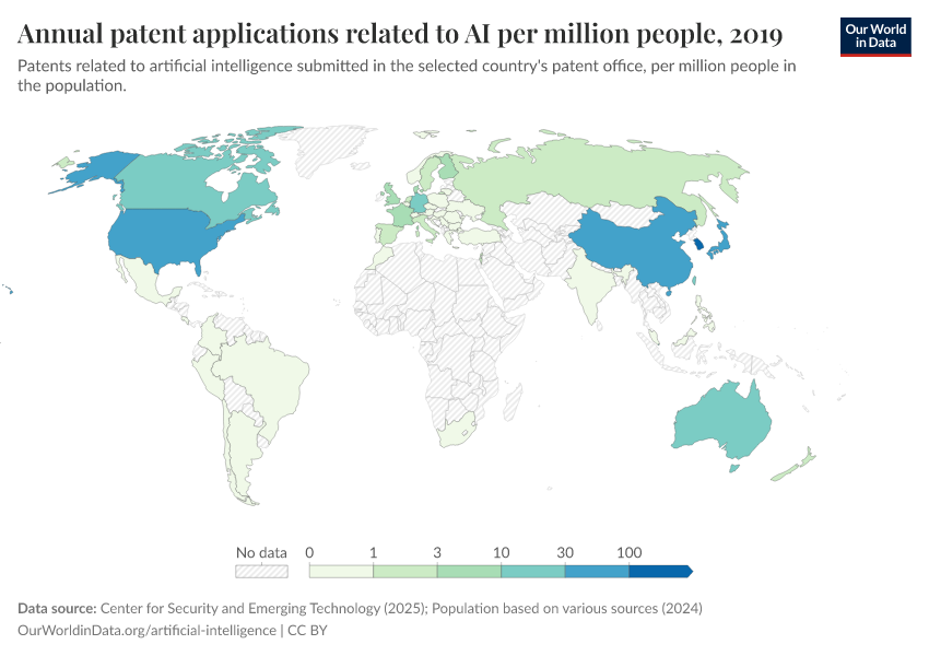 A thumbnail of the "Annual patent applications related to AI per million people" chart